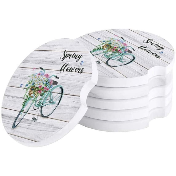 FMSHPON Spring Flower and Bicycle on Wooden Plank Set of 4 Car Coaster for Drinks, Absorbent Ceramic Stone Coasters Cup Mat with Cork Base for Home Kitchen Room Coffee Table Bar Decor