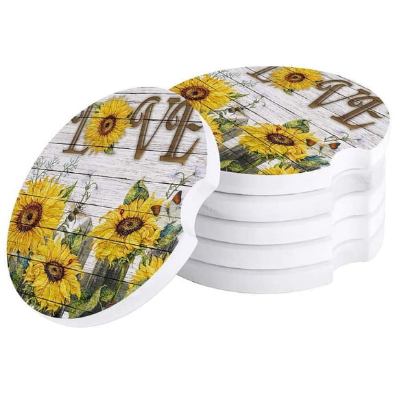 FMSHPON Spring Flower Sunflower on Wooden Grain Set of 2 Car Coaster for Drinks, Absorbent Ceramic Stone Coasters Cup Mat with Cork Base for Home Kitchen Room Coffee Table Bar Decor