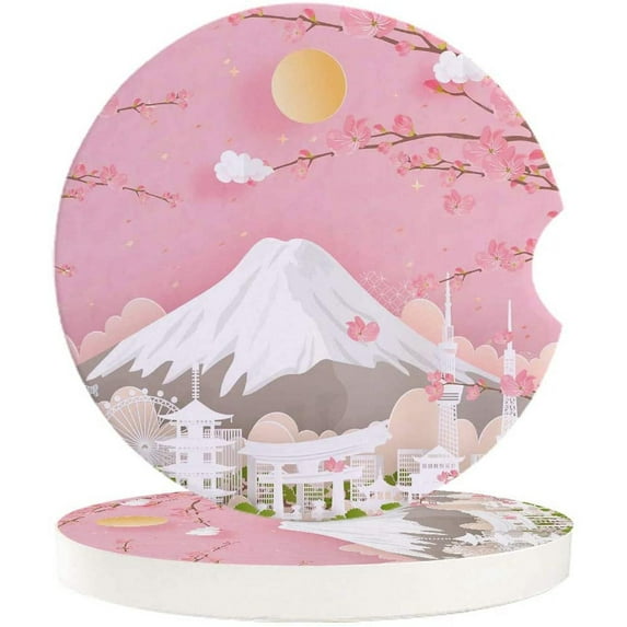 FMSHPON Spring Sun Peach Blossom and Mountain Peaks Set of 6 Car Coaster for Drinks, Absorbent Ceramic Stone Coasters Cup Mat with Cork Base for Home Kitchen Room Coffee Table Bar Decor