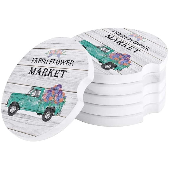 FMSHPON Spring Vintage Truck and Flower Wooden Grain Set of 4 Car Coaster for Drinks, Absorbent Ceramic Stone Coasters Cup Mat with Cork Base for Home Kitchen Room Coffee Table Bar Decor