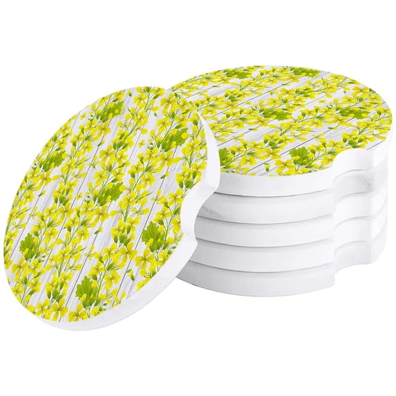 FMSHPON Spring Yellow Flower Green Plant Wooden Grain Set of 2 Car Coaster for Drinks, Absorbent Ceramic Stone Coasters Cup Mat with Cork Base for Home Kitchen Room Coffee Table Bar Decor