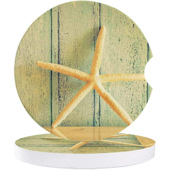 FMSHPON Starfish Life Wood Grain Set of 6 Car Coaster for Drinks, Absorbent Ceramic Stone Coasters Cup Mat with Cork Base for Home Kitchen Room Coffee Table Bar Decor