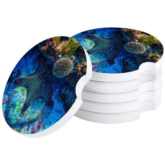 FMSHPON Starfish Sea Urchin in Deep Sea Set of 2 Car Coaster for Drinks, Absorbent Ceramic Stone Coasters Cup Mat with Cork Base for Home Kitchen Room Coffee Table Bar Decor