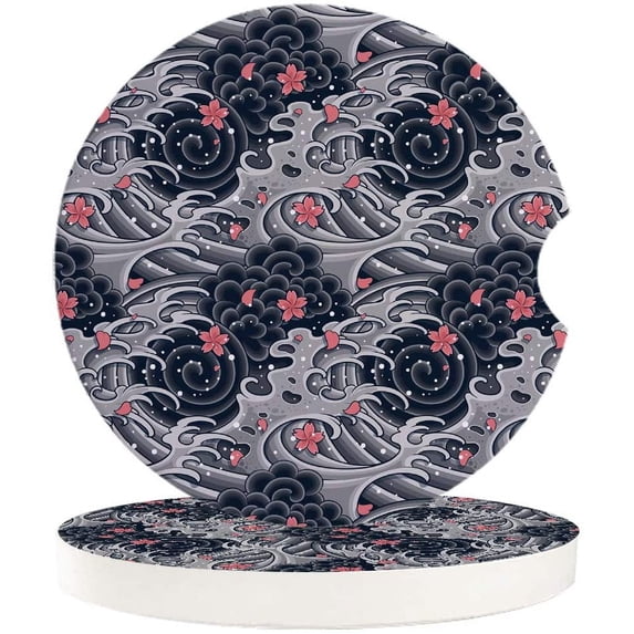 FMSHPON Style Ocean Wave Texture Cherry Blossom Set of 6 Car Coaster for Drinks, Absorbent Ceramic Stone Coasters Cup Mat with Cork Base for Home Kitchen Room Coffee Table Bar Decor