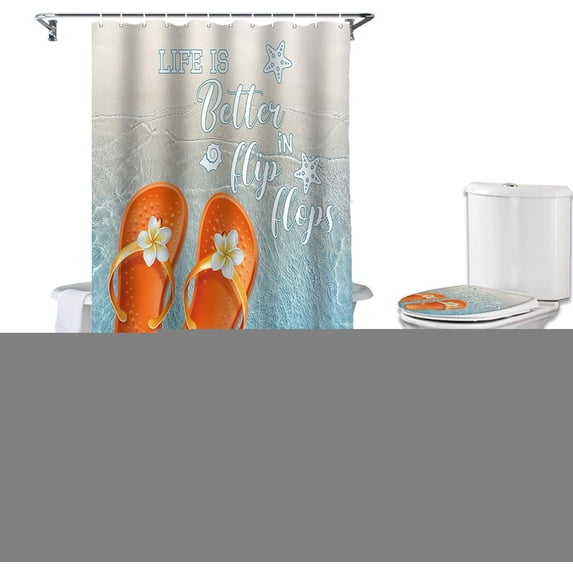 FMSHPON Summer Flip FlopsFlower 4 Piece Bathroom Set Shower Curtain Bath Rug Contour Mat and Toilet Lid Cover