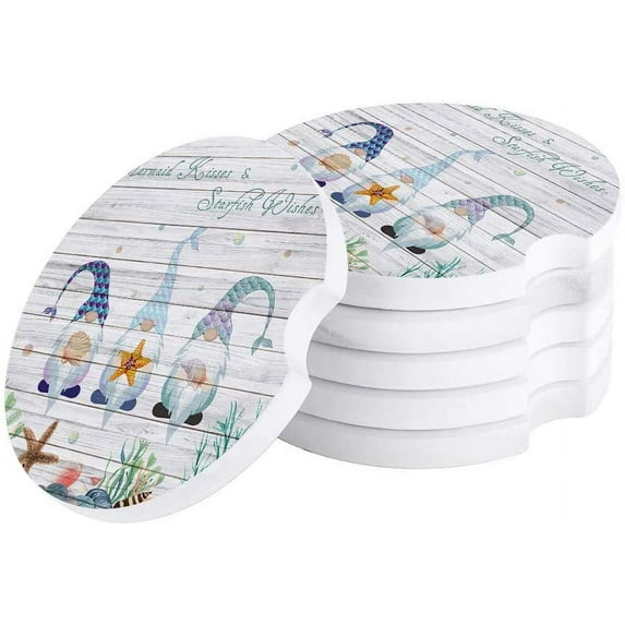 FMSHPON Theme Gnomes Holds Starfish on Wood Plank Set of 4 Car Coaster for Drinks, Absorbent Ceramic Stone Coasters Cup Mat with Cork Base for Home Kitchen Room Coffee Table Bar Decor