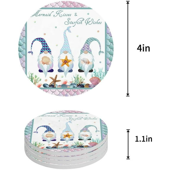FMSHPON Theme Gnomes Starfish Fish Scale Set of 6 Round Coaster for Drinks, Absorbent Ceramic Stone Coasters Cup Mat with Cork Base for Home Kitchen Room Coffee Table Bar Decor
