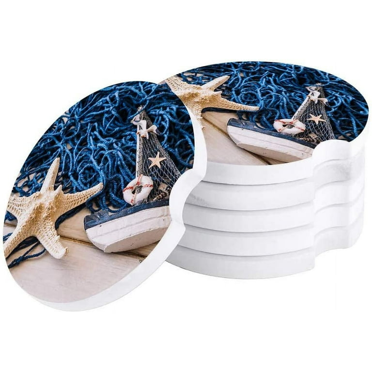 FMSHPON Theme Starfish and Fishing Net Set of 4 Car Coaster for