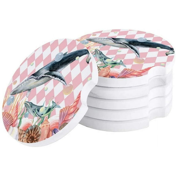 FMSHPON Theme Whale Starfish Shell Pink Set of 4 Car Coaster for Drinks, Absorbent Ceramic Stone Coasters Cup Mat with Cork Base for Home Kitchen Room Coffee Table Bar Decor