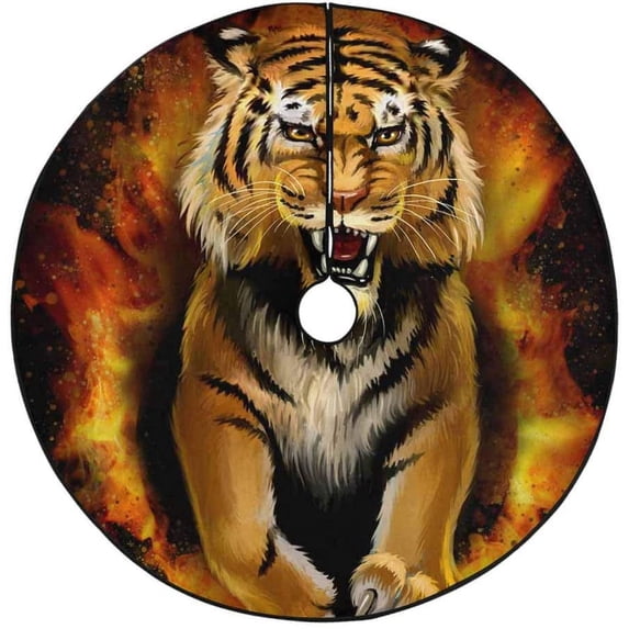 FMSHPON Tiger in Fire Xmas Christmas Tree Skirt Stand Mat for Holiday Party Decoration Indoor Outdoor 48 inches