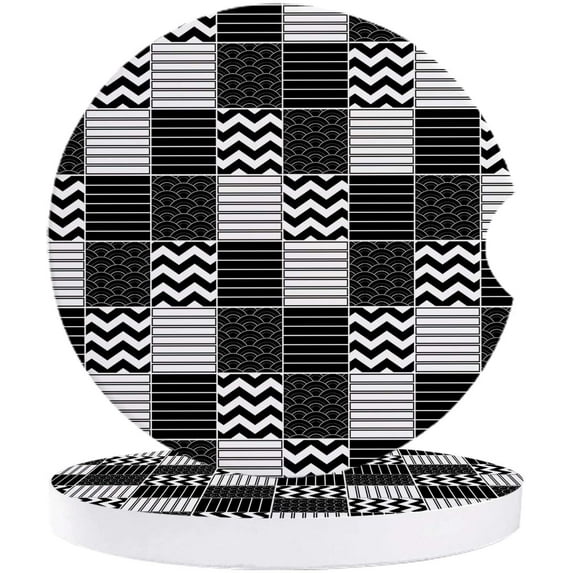 FMSHPON Traditional Waves Geometry Pattern Black Set of 6 Car Coaster for Drinks, Absorbent Ceramic Stone Coasters Cup Mat with Cork Base for Home Kitchen Room Coffee Table Bar Decor