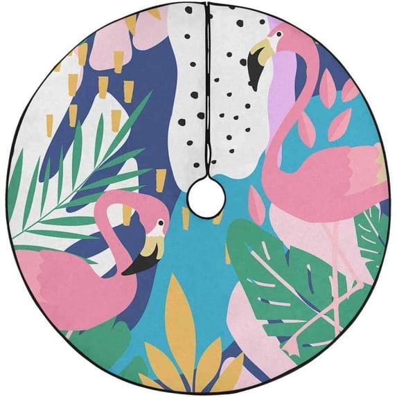 FMSHPON Tropical Jungle Leaves Flamingos Xmas Christmas Tree Skirt Stand Mat for Holiday Party Decoration Indoor Outdoor 48 inches