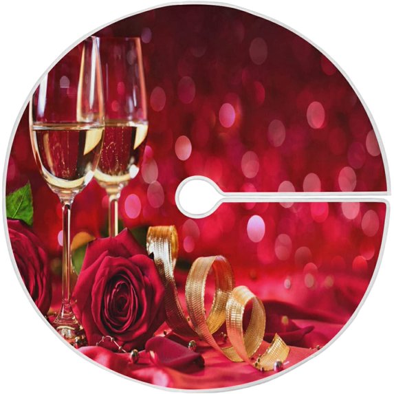FMSHPON Valentine's Day Romantic Champagne Rose Xmas Christmas Tree Skirt Stand Mat for Holiday Party Decoration Indoor Outdoor 48 inches