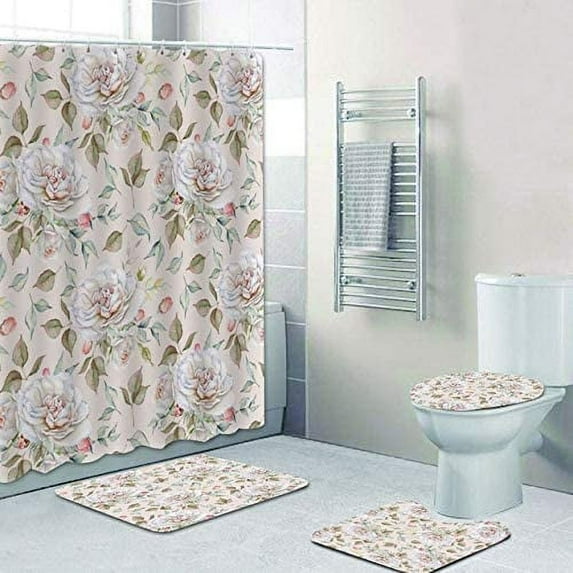 FMSHPON Vintage Cream Roses Floral Modern Lavender Lilac Poppies Flower 4 Piece Bathroom Set Shower Curtain Bath Rug Contour Mat and Toilet Lid Cover