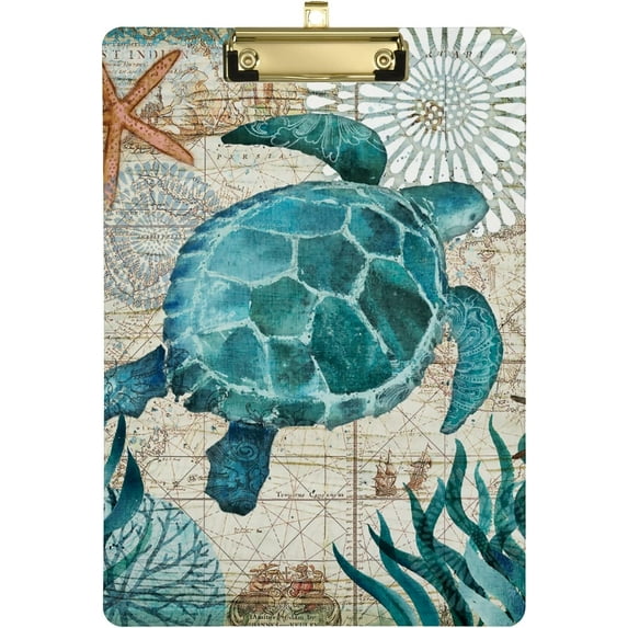FMSHPON Vintage Ocean Sea Turtle Starfish Map Clipboard Hardboard Wood Nursing Clip Board and Pull for Standard A4 Letter 13x9 inches
