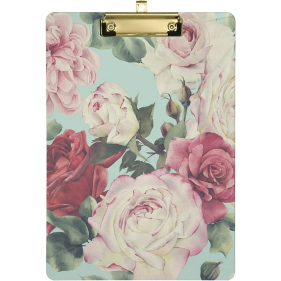 FMSHPON Vintage Pink Rose Red Flower Clipboard Hardboard Wood Nursing Clip Board and Pull for Standard A4 Letter 13x9 inches