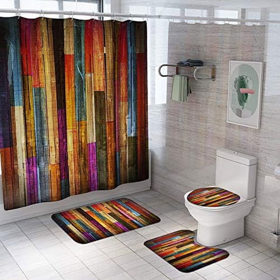 FMSHPON Vintage Wood Board 4 Piece Bathroom Set Shower Curtain Bath Rug Contour Mat and Toilet Lid Cover