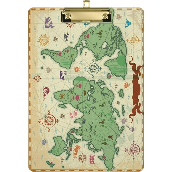 FMSHPON Vintage World Map Trees Mountains Clipboard Hardboard Wood Nursing Clip Board and Pull for Standard A4 Letter 13x9 inches