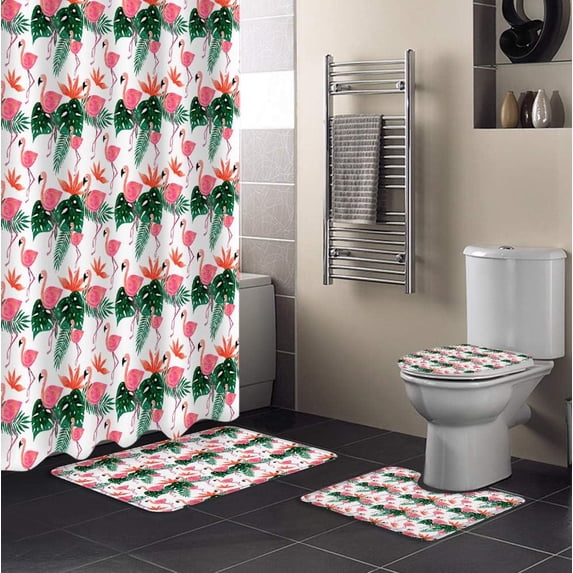 FMSHPON Wildlife Decor 4 Piece Bathroom Set Shower Curtain Bath Rug Contour Mat and Toilet Lid Cover