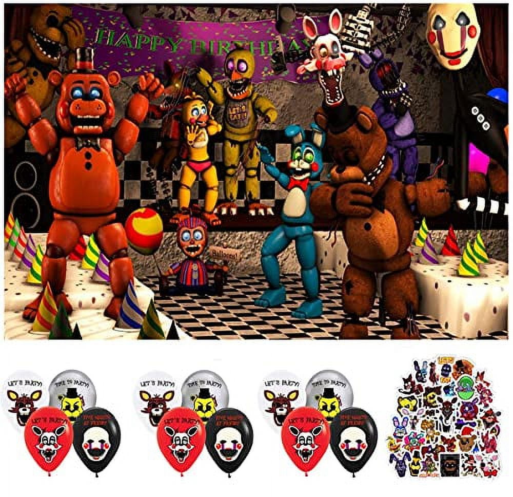 FNAF Backdrop Five Nights at Freddys Birthday Party Decorations Backdrop,  Party Supplies Favors for Kids with 12pcs Ballons and 50 pcs Stickers 