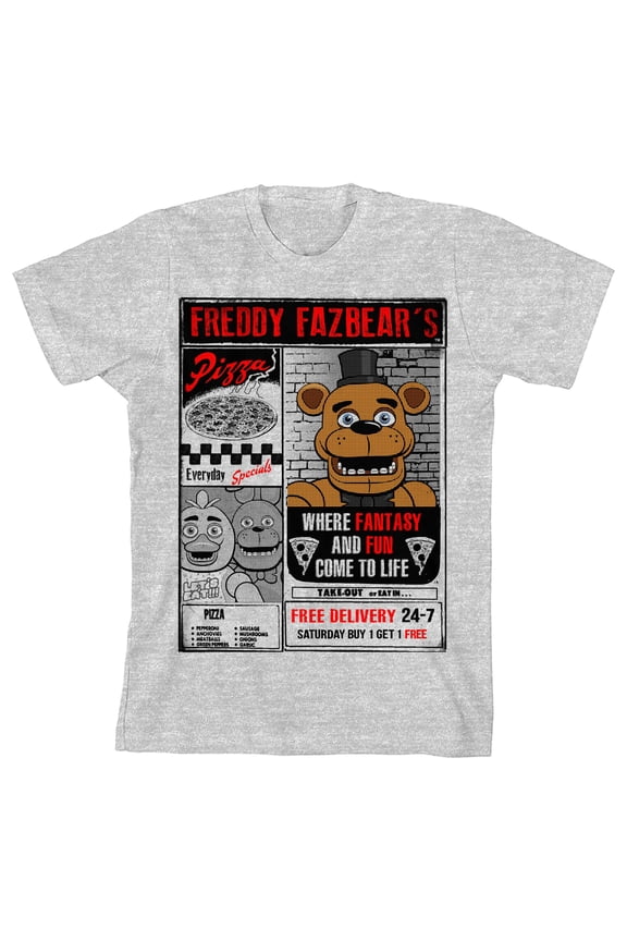 FNAF Freddy Fazbear's Pizza Flyer Boy's Heather Grey T-shirt-Small