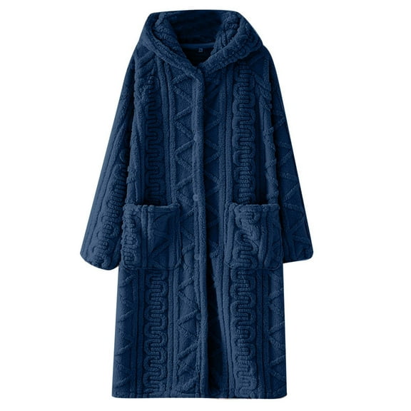 FNFFH Mens Flannel Bathrobe Soft Hooded Plush Robes Long Botton Down Fleece Robe with Pockets