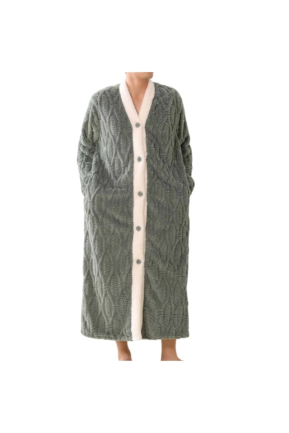 Mens Long Plush Robe Soft Button Down Nightgowns Comfort V Neck Flannel Bathrobe Cozy Warm Housecoat with Pockets