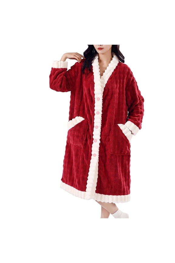 FNFFH Nightgowns for Women Soft Button Down Absorbent Bathrobe Loose Fit Warm Loungewear Housecoat with Pockets