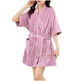 thumbnail image 1 of FNFFH Womens Fluffy Bathrobe Soft Short Sleeve Terry Cloth Robe Short Super Absorbent Spa Bath Robes with Pockets and Belt, 1 of 9