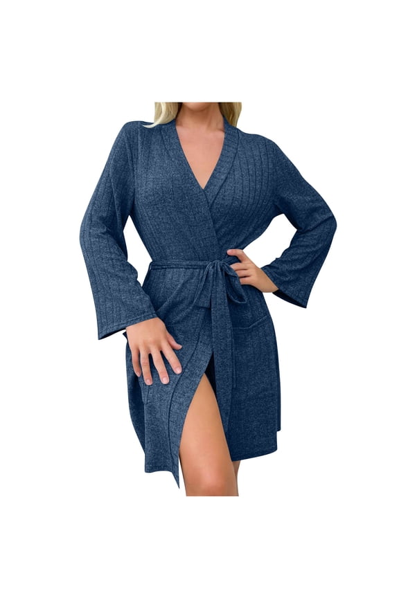 FNFFH Womens Lightweight Kint Bathrobe Soft Short Kimono Robes Spa Bath Robes Cozy Sleepwear Nightgowns with Belt
