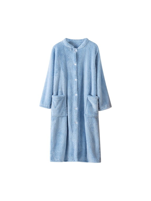 Womens Long Fleece Nightgowns Soft Button Down Plush Robe Cozy Warm Loungewear Sleepwear with Pockets