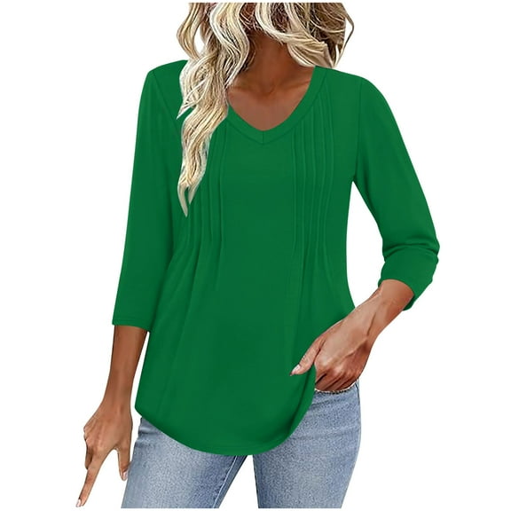 FNFHFY 3/4 Length Sleeve Tops for Women Casual V Neck 3 Quarter Sleeve Shirts Fall Solid Pleated Tunic Tops