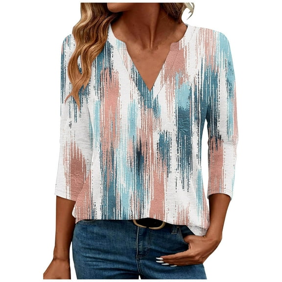 FNFHFY 3/4 Length Sleeve Womens Tops Casual V Neck Shirts Lightweight Soft Print Tee Shirt Fall Loose Fit Tunic Top