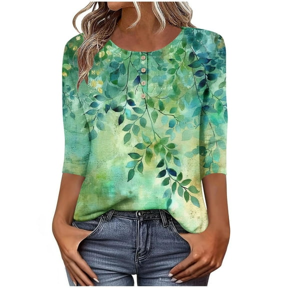 FNFHFY 3/4 Sleeve Tops for Women Casual Print Button Henley Neck Shirts Business Work Blouses Loose Fit Crewneck Tunic Tops