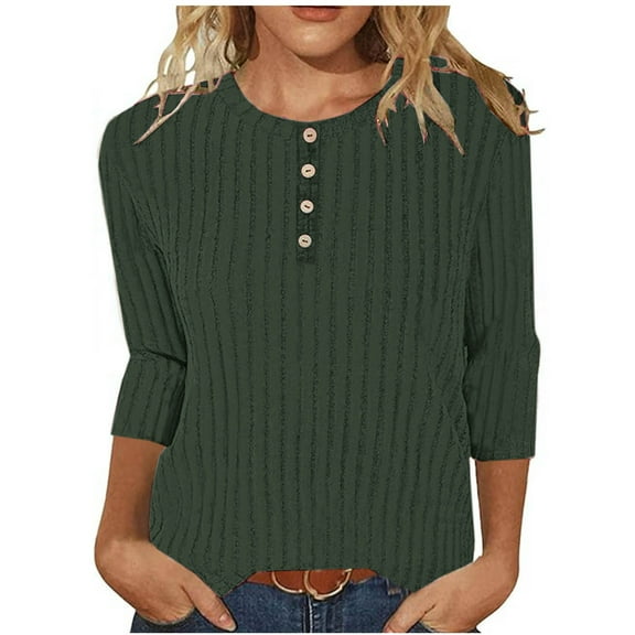 FNFHFY 3/4 Sleeve Tops for Women Casual Ribbed Knit Henley T-Shirts Solid Button Up Crewneck Business Blouses Loose Pullover Tunic Top
