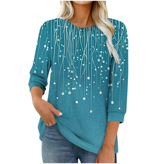FNFHFY 3 Quarter Sleeve Tops for Women Casual Crewneck Print T Shirt Loose Fit Tunic Tops to Wear with Leggings