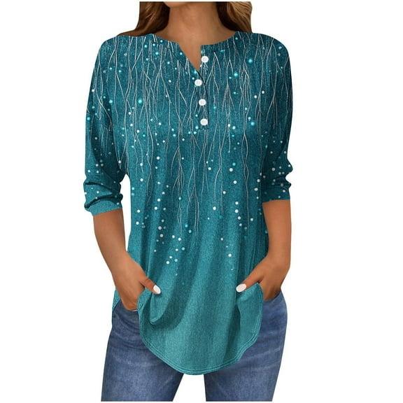FNFHFY 3 Quarter Sleeve Tops for Women Casual Print Henley T Shirt Loose Fit Curve Hem Long Shirts Tunic Tops to Wear with Leggings