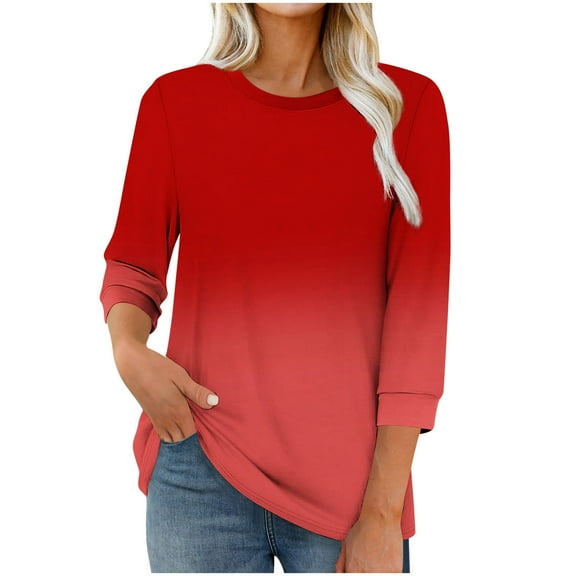 FNFHFY 3 Quarter Sleeve Tops for Women Crewneck Gradient T Shirt Loose Fit Basic Tees Tunic Tops to Wear with Leggings