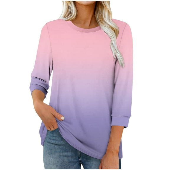 FNFHFY 3 Quarter Sleeve Tops for Women Crewneck Gradient T Shirt Loose Fit Basic Tees Tunic Tops to Wear with Leggings