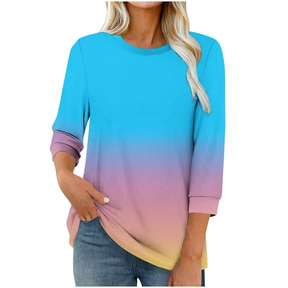 FNFHFY 3 Quarter Sleeve Tops for Women Crewneck Gradient T Shirt Loose Fit Basic Tees Tunic Tops to Wear with Leggings