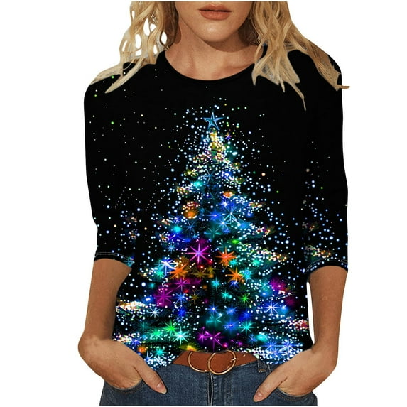 FNFHFY Christmas Shirts for Women 2025 Glitter Christmas Tree Pullover Plus Size 3/4 Sleeve Xmas Tops Festival Party Gifts