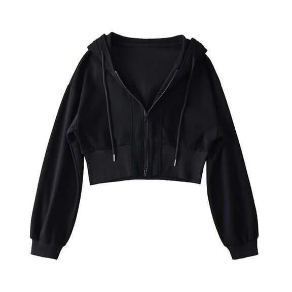 FNFHFY Crop Hoodies for Women Drawstring V Neck Pullover Sweatshirts Long Sleeve Cropped Fall Hoodie Solid Casual Sweatshirt with Hooded
