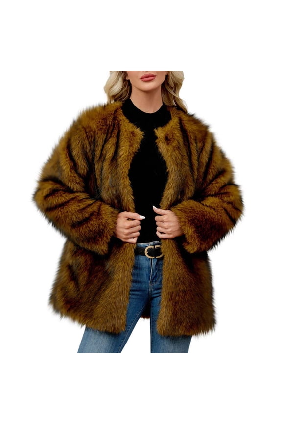 FNFHFY Faux Fur Coat for Women Cropped Open Front Shaggy Jackets Solid Long Sleeve Plush Jacket Soft Fluffy Faux Fur Coats