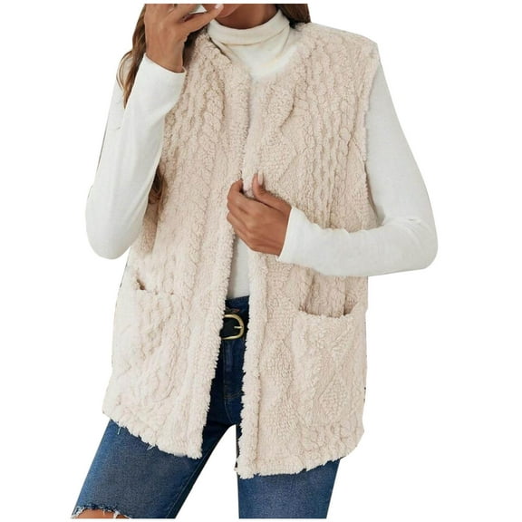 FNFHFY Fuzzy Fleece Vest for Women Cable Knit Sleeveless Sweater Cardigan Solid Color Sherpa Vests Thermal Winter Waistcoat Gilet