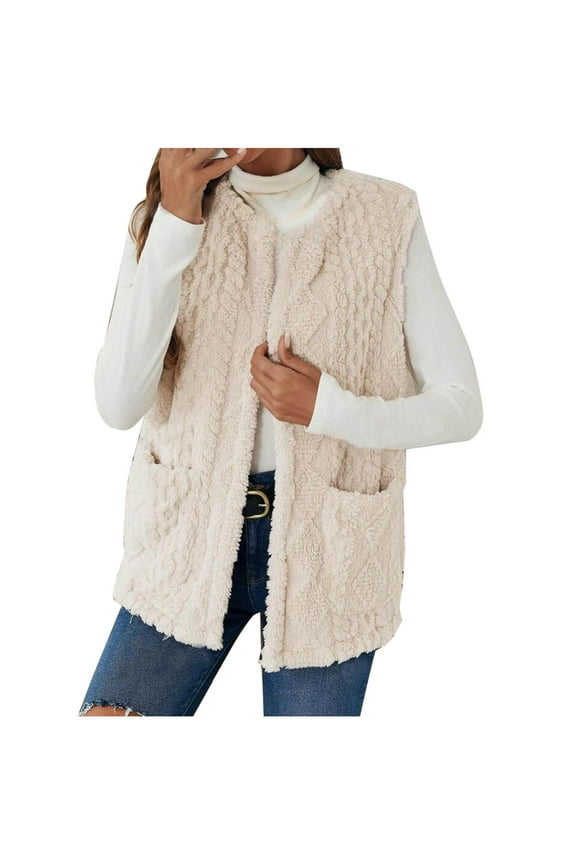 Fuzzy Fleece Vest for Women Cable Knit Sleeveless Sweater Cardigan Solid Color Sherpa Vests Thermal Winter Waistcoat Gilet