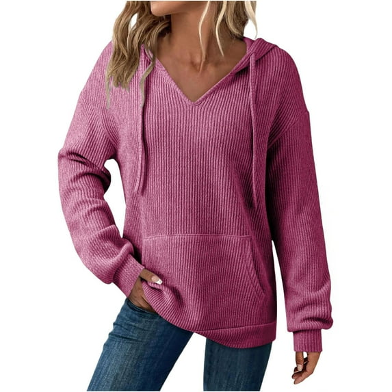 FNFHFY Hoodies for Women Oversized V Neck Hoodie Solid Long Sleeve Drawstring Pullover Sweatshirt Casual Lightweight Ribbed Hooded Sweaters with Pocket