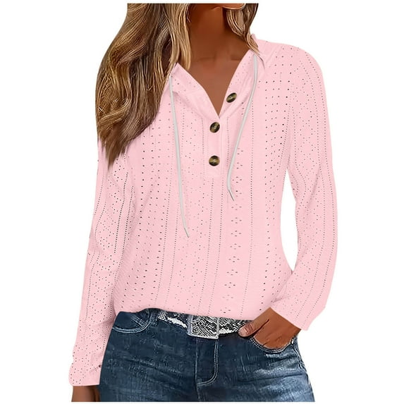 FNFHFY Hoodies for Women Casual V Neck Eyelet Hooded Sweatshirt Drawstring Button Up Lightweight Pullover Tops Slim Fit Long Sleeve Tunic Shirt