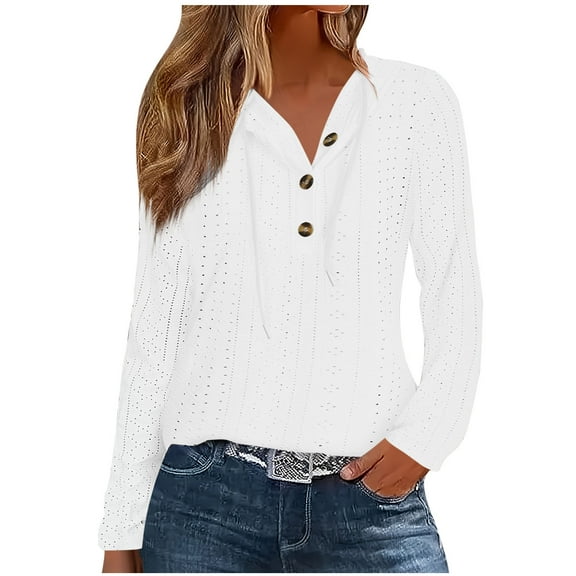 FNFHFY Hoodies for Women Casual V Neck Eyelet Hooded Sweatshirt Drawstring Button Up Lightweight Pullover Tops Slim Fit Long Sleeve Tunic Shirt