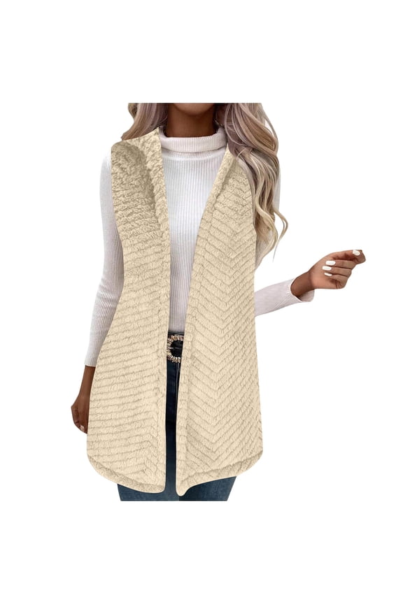 Long Fuzzy Fleece Vest for Women Open Front Sherpa Vests Hooded Fall Winter Sleeveless Sweater Cardigan Fluffy Waistcoat