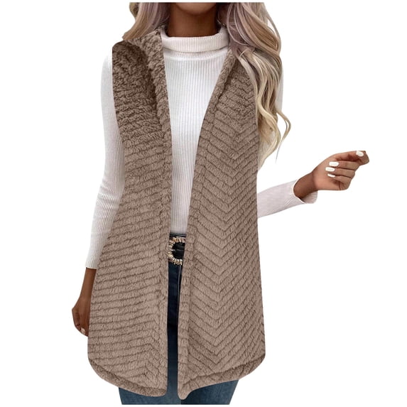 FNFHFY Long Fuzzy Fleece Vest for Women Open Front Sherpa Vests Hooded Fall Winter Sleeveless Sweater Cardigan Fluffy Waistcoat